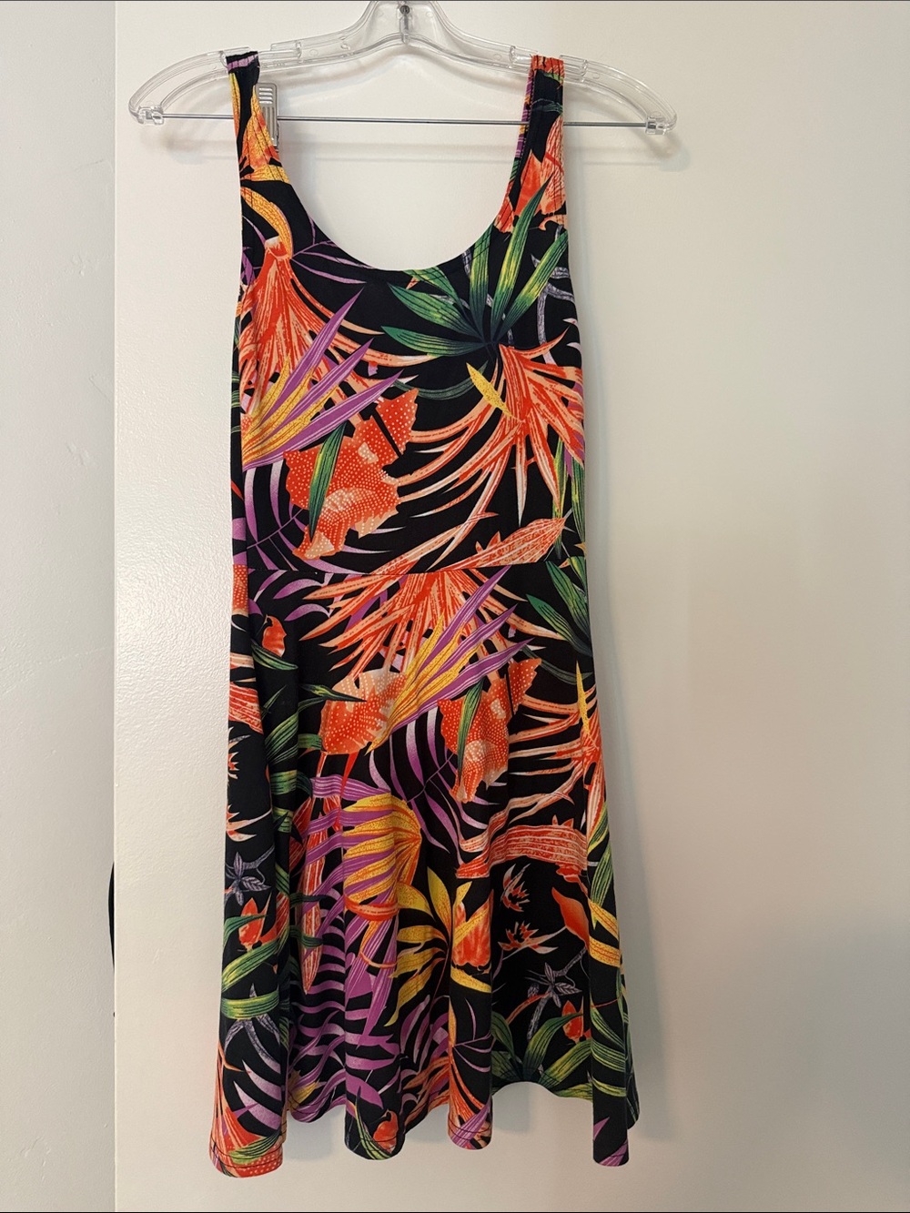 SUPRE Black Tropical Mini Dress with Orange, Green & Purple Print